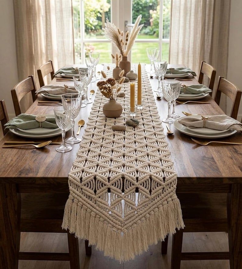 Macrame Table Runner, Boho Farmhouse Dining Decor, Cotton Handwoven Runner