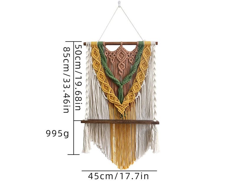 Macrame Wall Hanging Shelf with Wooden Display, Boho Woven Fiber Art, Plant Shelf, Handmade Wall Decor