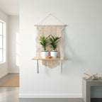 Macrame Wall Shelf Plant Hanger Boho Rope Decor Wooden Shelf Beige 50x68 cm