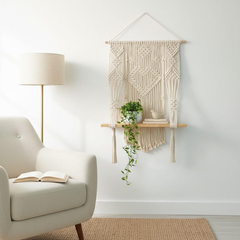 Macrame Wall Shelf Plant Hanger Boho Rope Decor Wooden Shelf Beige 50x68 cm