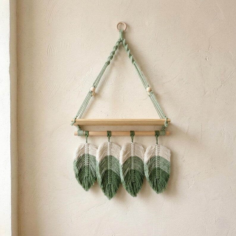 Macrame Wall Hanging Shelf with Wooden Shelf and Feather Tassels, Boho Decor