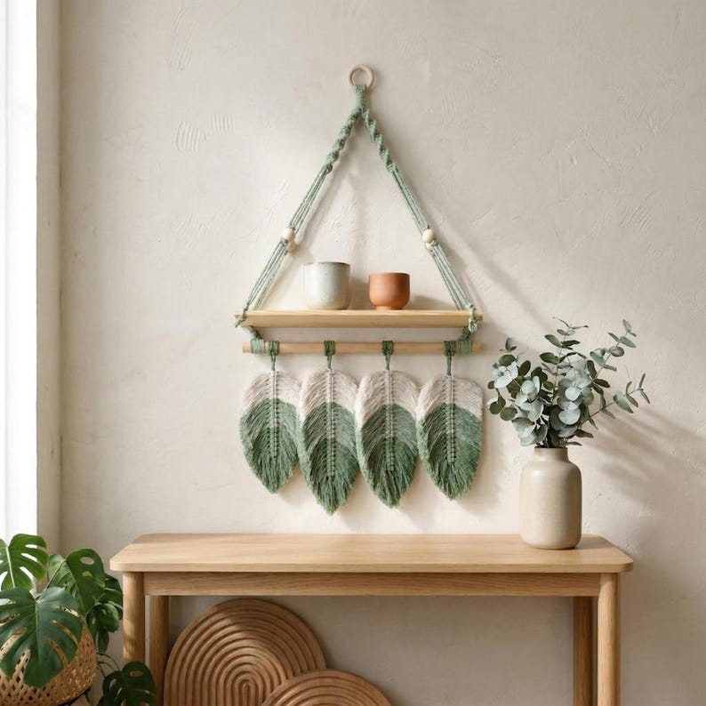 Macrame Wall Hanging Shelf with Wooden Shelf and Feather Tassels, Boho Decor