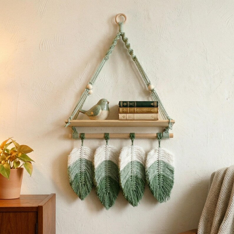 Macrame Wall Hanging Shelf with Wooden Shelf and Feather Tassels, Boho Decor
