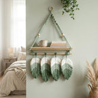 Macrame Wall Hanging Shelf with Wooden Shelf and Feather Tassels, Boho Decor