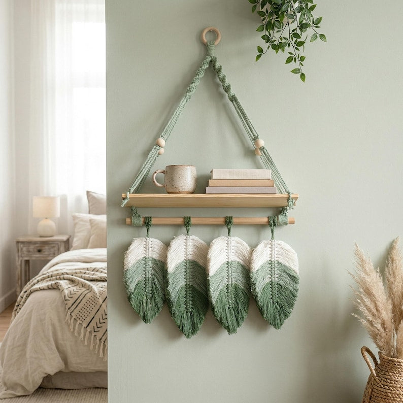 Macrame Wall Hanging Shelf with Wooden Shelf and Feather Tassels, Boho Decor