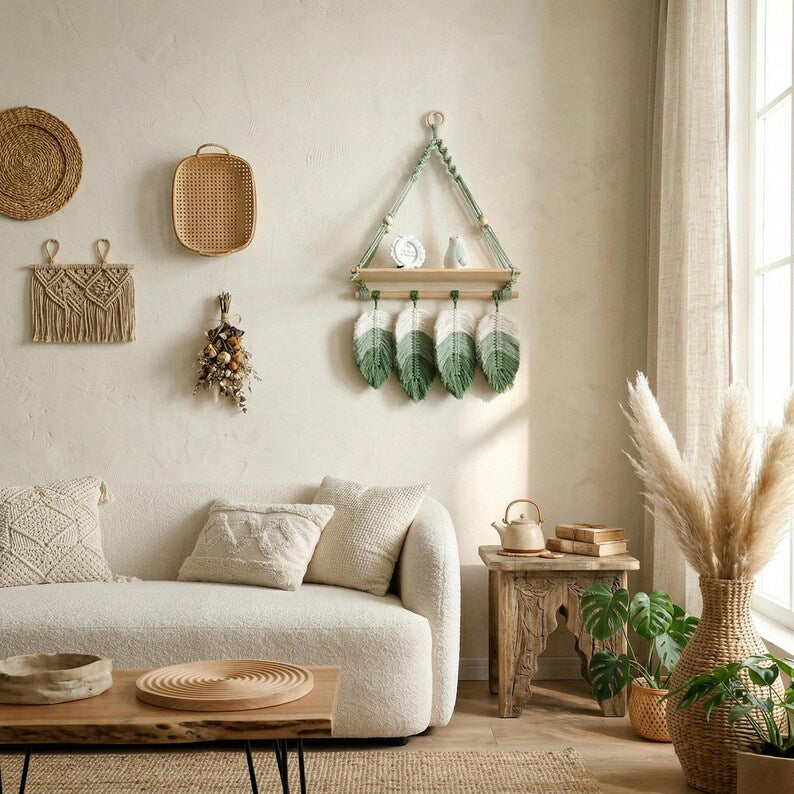 Macrame Wall Hanging Shelf with Wooden Shelf and Feather Tassels, Boho Decor