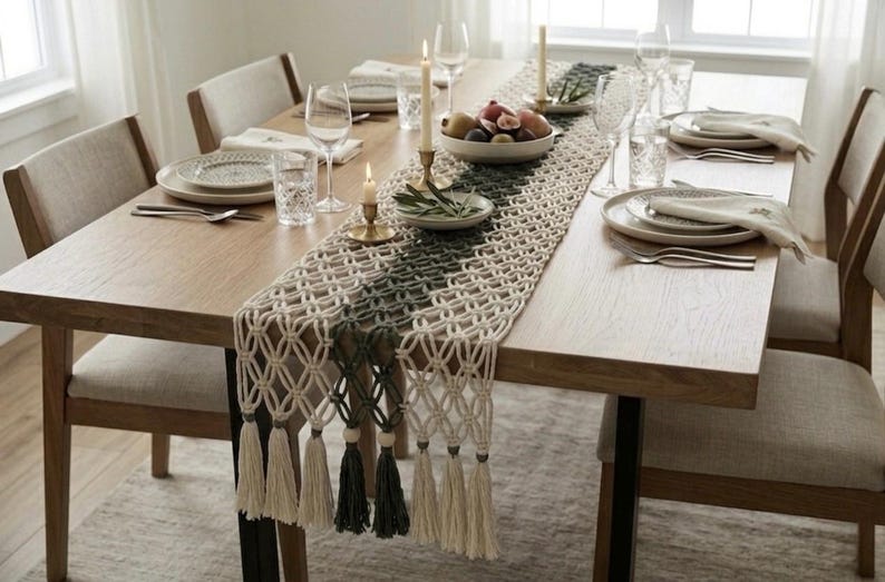 Cotton Macrame Table Runner Two Tone Handmade Boho Farmhouse Decor