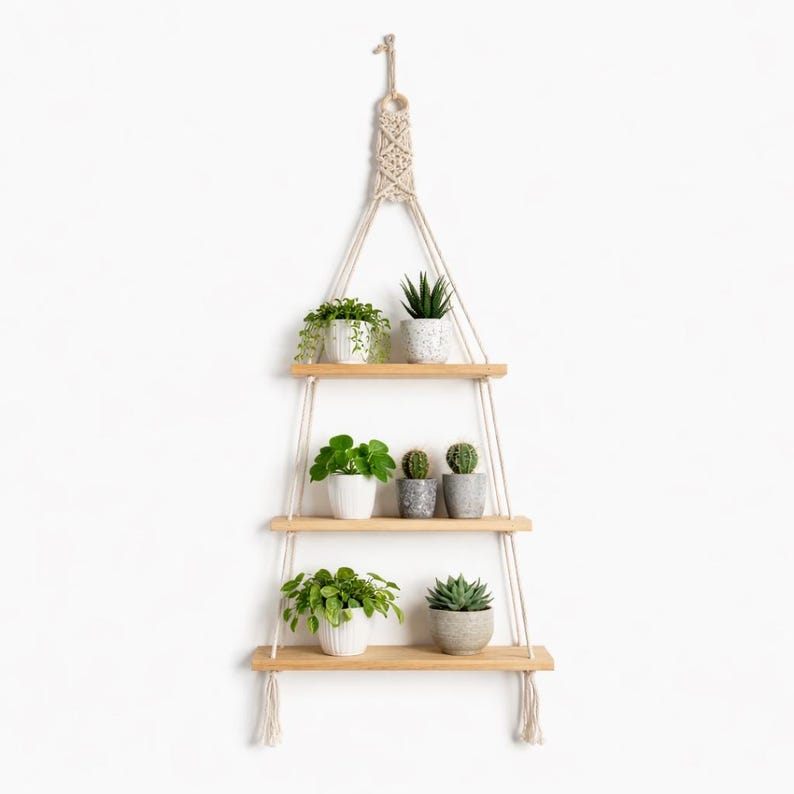 Macrame Hanging Shelf 3 Tier Wall Decor, Boho Plant Shelf, Wooden Rope Shelf, Nordic Wall Organizer