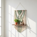 Macrame Wall Hanging Shelf with Wooden Display, Boho Woven Fiber Art, Plant Shelf, Handmade Wall Decor