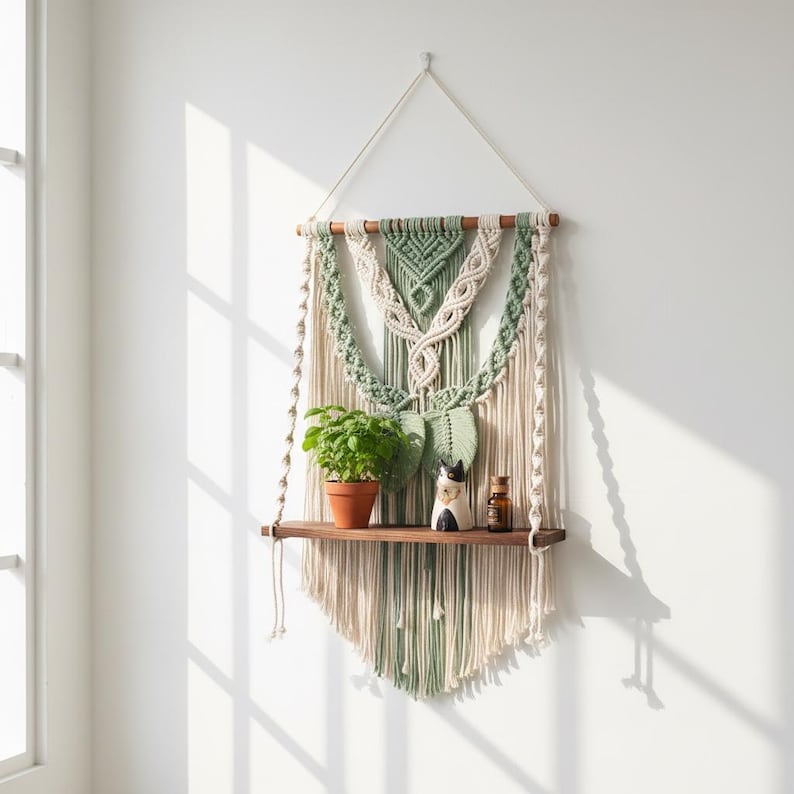 Macrame Wall Hanging Shelf with Wooden Display, Boho Woven Fiber Art, Plant Shelf, Handmade Wall Decor