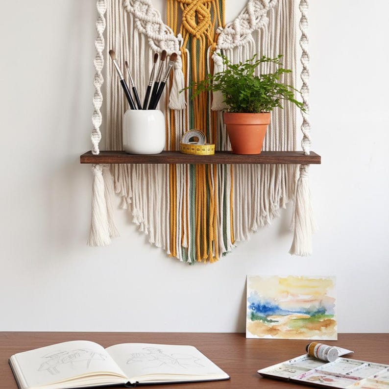 Macrame Wall Hanging Shelf with Wooden Display, Boho Woven Fiber Art, Plant Shelf, Handmade Wall Decor