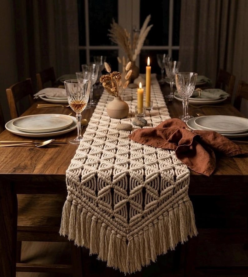 Macrame Table Runner, Boho Farmhouse Dining Decor, Cotton Handwoven Runner