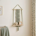 Sage Green Boho Macrame Wall Shelf with Wood Board, Handmade Cotton Rope Floating Shelf Decor