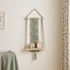 Sage Green Boho Macrame Wall Shelf with Wood Board, Handmade Cotton Rope Floating Shelf Decor