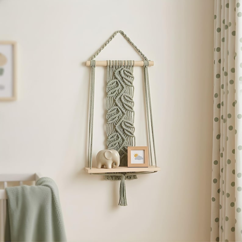 Sage Green Boho Macrame Wall Shelf with Wood Board, Handmade Cotton Rope Floating Shelf Decor