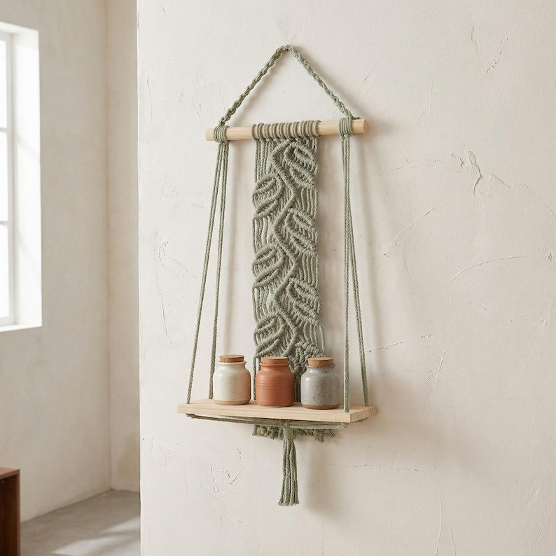 Sage Green Boho Macrame Wall Shelf with Wood Board, Handmade Cotton Rope Floating Shelf Decor