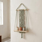 Sage Green Boho Macrame Wall Shelf with Wood Board, Handmade Cotton Rope Floating Shelf Decor