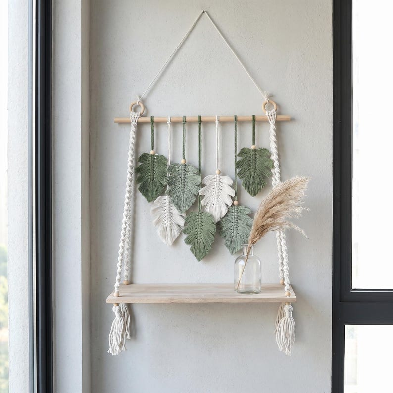 Macrame Maple Leaf Wall Shelf Handwoven Cotton Rope Hanging Shelf Autumn Boho Floating Shelf