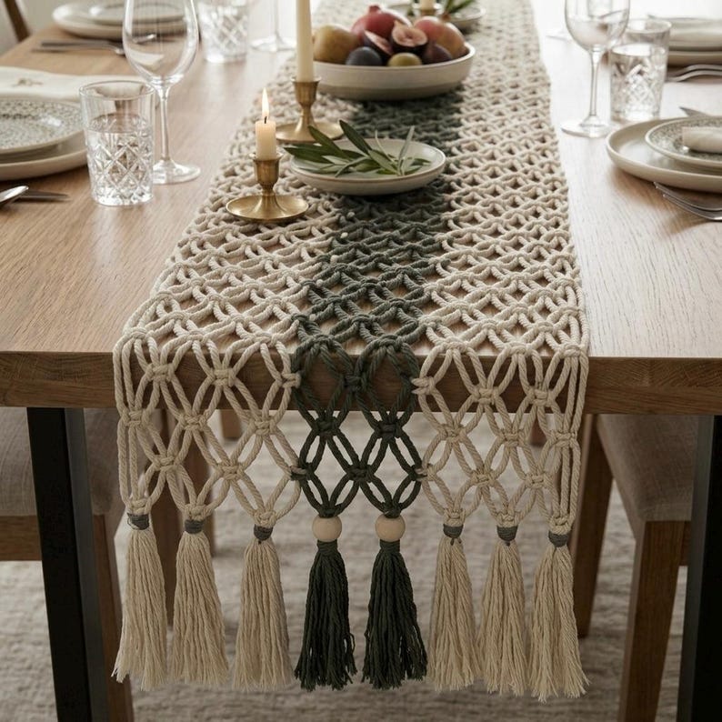 Cotton Macrame Table Runner Two Tone Handmade Boho Farmhouse Decor