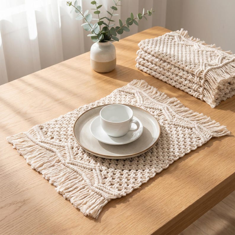 Macrame Placemats Set of 4 Cotton Woven Table Mats 30x50cm Boho Kitchen Dining Table Decor