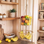 Two-Tier Jute Macrame Hanging Basket with Wood Accents, Natural Fiber Plant or Fruit Storage