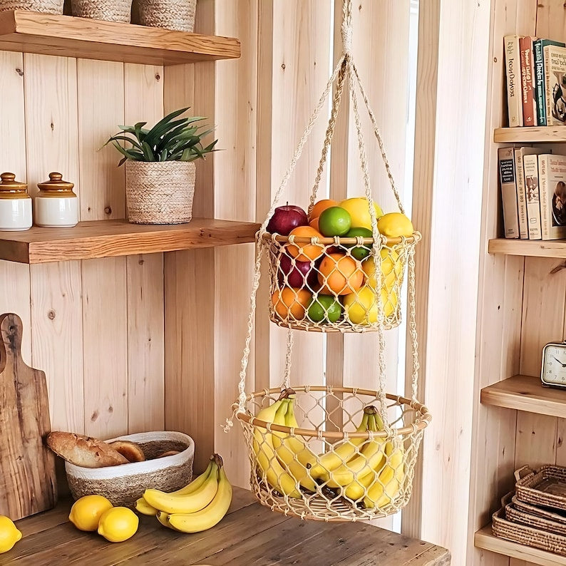 Two-Tier Jute Macrame Hanging Basket with Wood Accents, Natural Fiber Plant or Fruit Storage