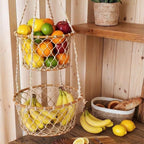 Two-Tier Jute Macrame Hanging Basket with Wood Accents, Natural Fiber Plant or Fruit Storage