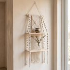 Handmade Macrame Wall Shelf with Wooden Shelves, Boho Woven Storage Organizer for Bedroom and Living Room, Natural Cotton Rope