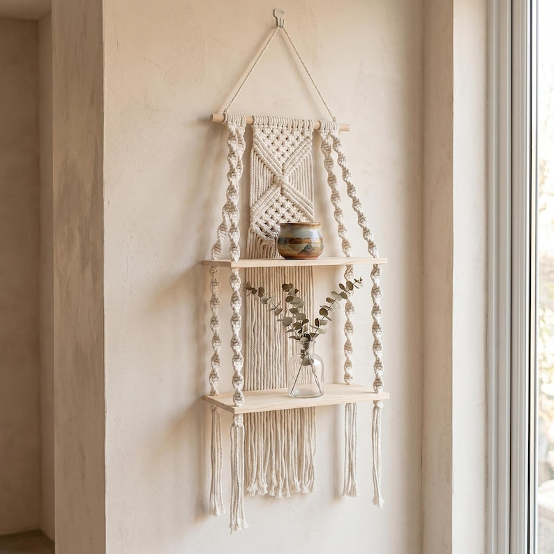 Handmade Macrame Wall Shelf with Wooden Shelves, Boho Woven Storage Organizer for Bedroom and Living Room, Natural Cotton Rope