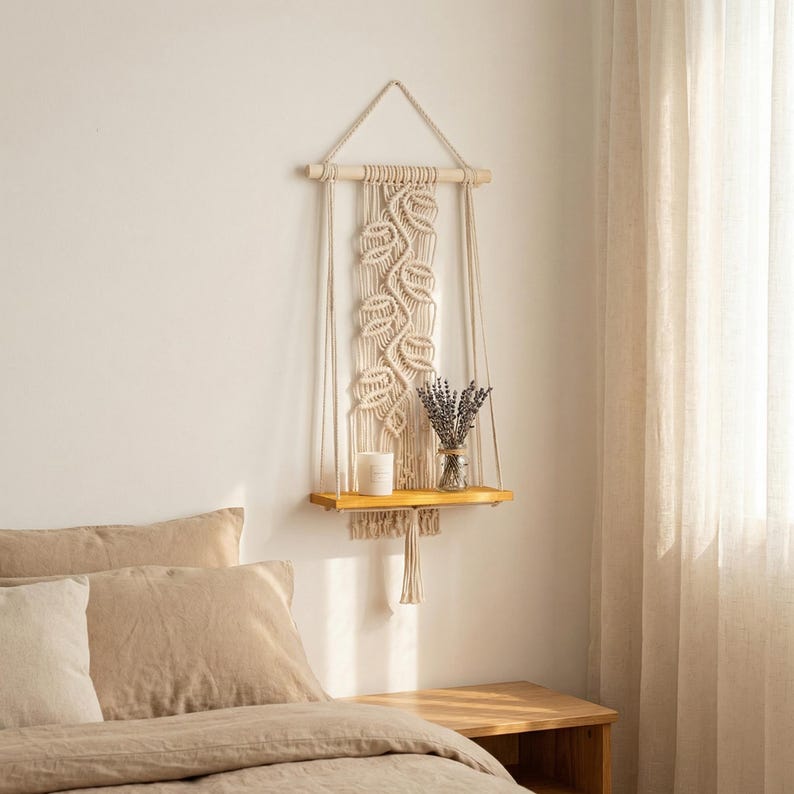 Sage Green Boho Macrame Wall Shelf with Wood Board, Handmade Cotton Rope Floating Shelf Decor