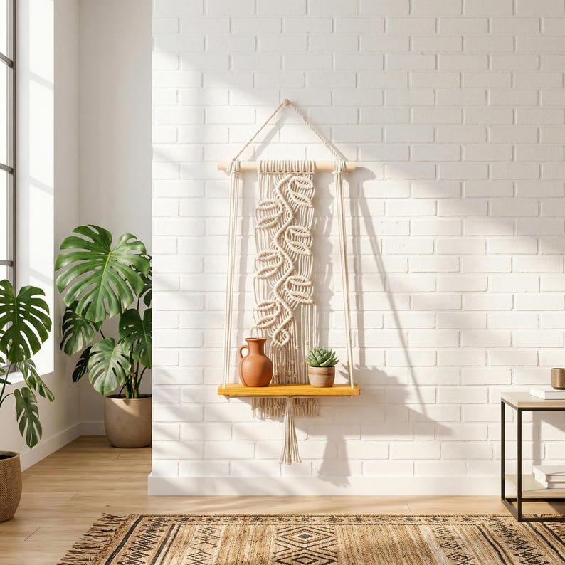 Sage Green Boho Macrame Wall Shelf with Wood Board, Handmade Cotton Rope Floating Shelf Decor