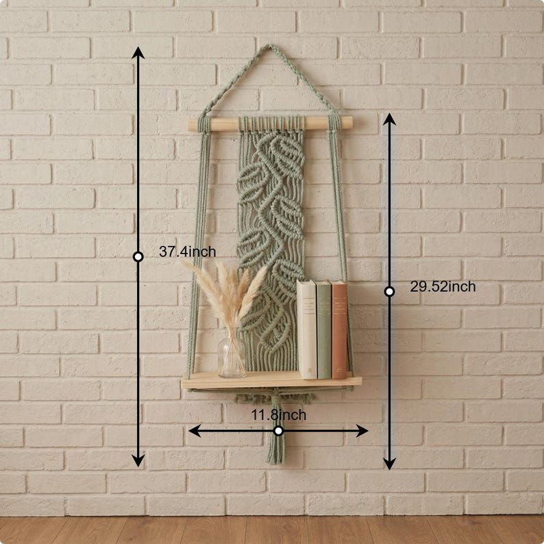 Sage Green Boho Macrame Wall Shelf with Wood Board, Handmade Cotton Rope Floating Shelf Decor