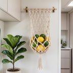 Boho Macrame Hanging Fruit Basket Wall Mounted Cotton Fruit Hammock Rustic Kitchen Organizer for Small Space RV Decor