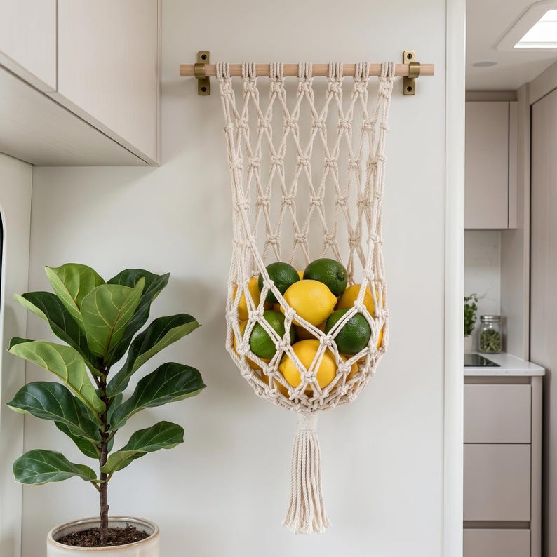 Boho Macrame Hanging Fruit Basket Wall Mounted Cotton Fruit Hammock Rustic Kitchen Organizer for Small Space RV Decor