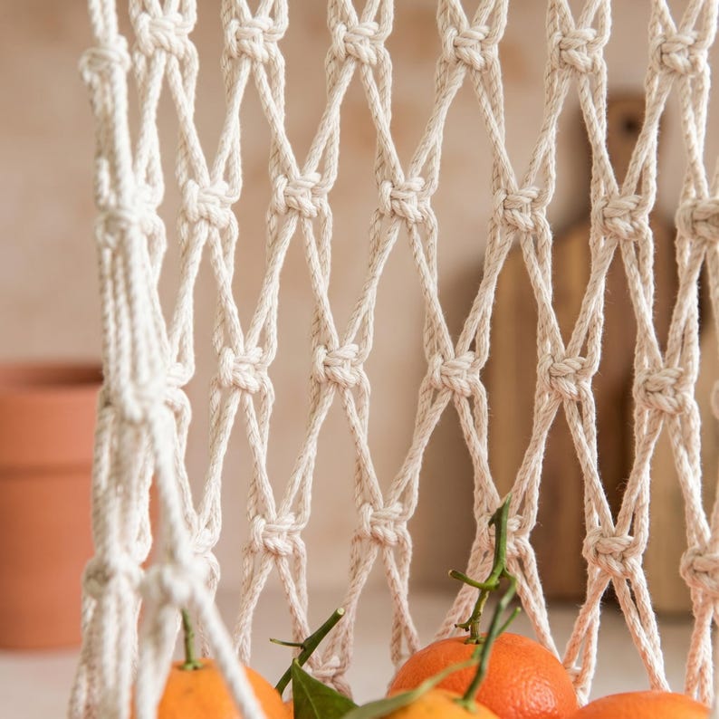 Boho Macrame Hanging Fruit Basket Wall Mounted Cotton Fruit Hammock Rustic Kitchen Organizer for Small Space RV Decor