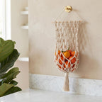 Boho Macrame Hanging Fruit Basket Wall Mounted Cotton Fruit Hammock Rustic Kitchen Organizer for Small Space RV Decor