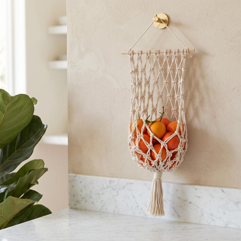 Boho Macrame Hanging Fruit Basket Wall Mounted Cotton Fruit Hammock Rustic Kitchen Organizer for Small Space RV Decor