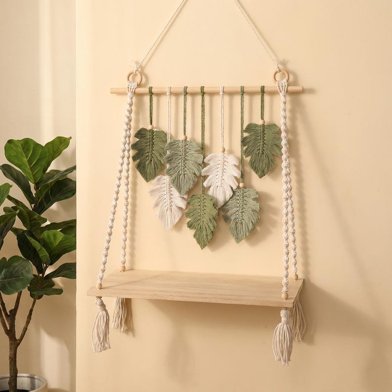 Macrame Maple Leaf Wall Shelf Handwoven Cotton Rope Hanging Shelf Autumn Boho Floating Shelf