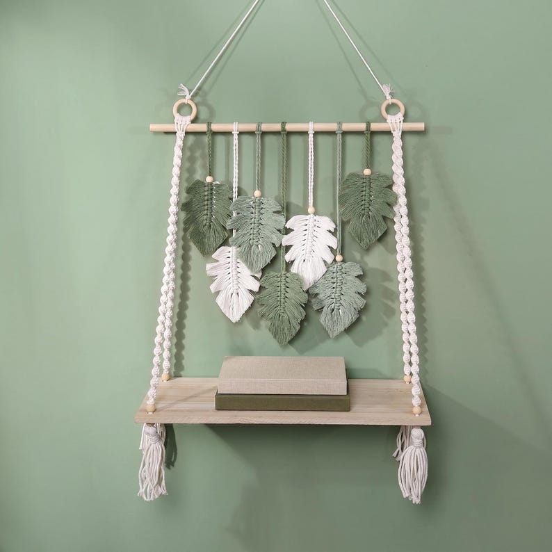 Macrame Maple Leaf Wall Shelf Handwoven Cotton Rope Hanging Shelf Autumn Boho Floating Shelf
