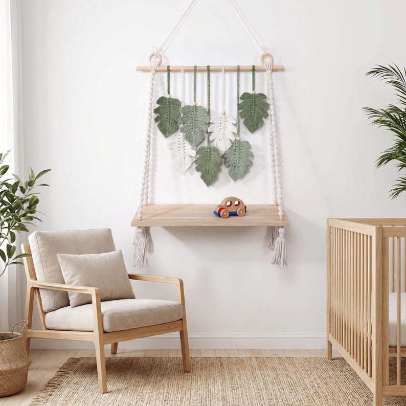 Macrame Maple Leaf Wall Shelf Handwoven Cotton Rope Hanging Shelf Autumn Boho Floating Shelf