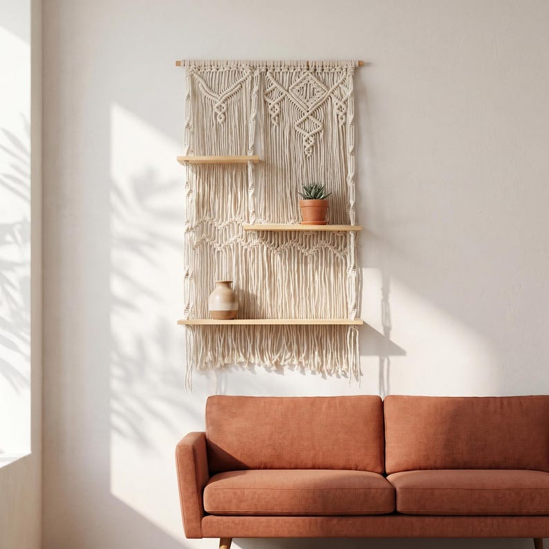 Handmade Macrame Wall Shelf with Wooden Shelves, Boho Woven Storage Organizer for Bedroom and Living Room, Natural Cotton Rope