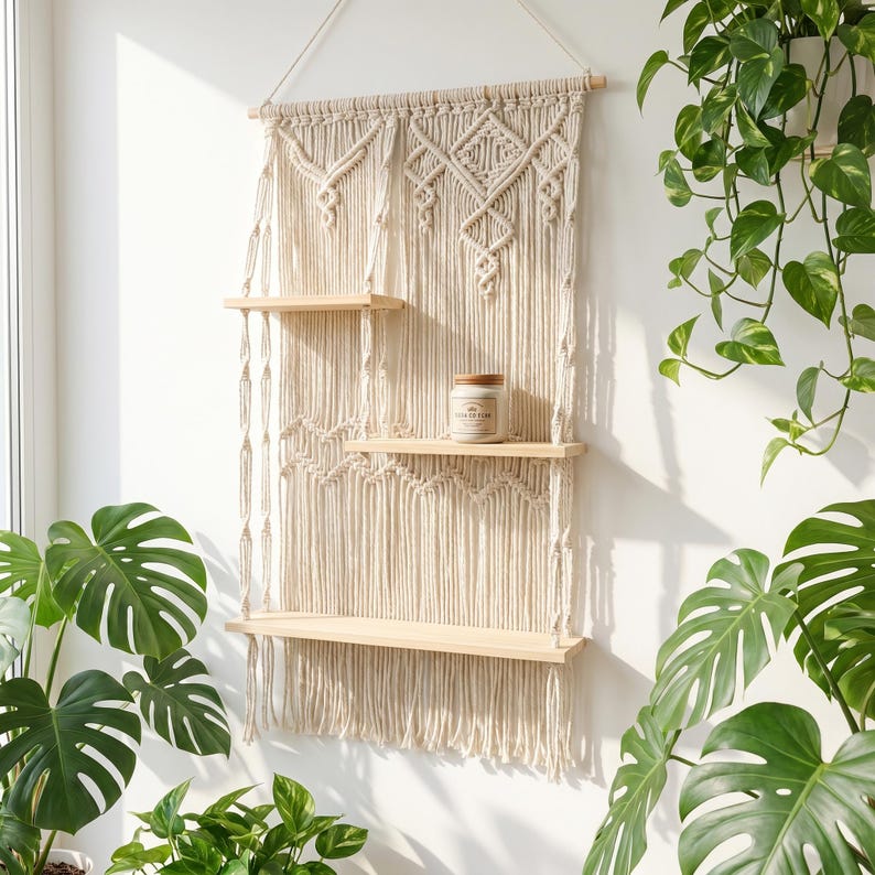 Handmade Macrame Wall Shelf with Wooden Shelves, Boho Woven Storage Organizer for Bedroom and Living Room, Natural Cotton Rope
