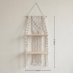 Handmade Macrame Wall Shelf with Wooden Shelves, Boho Woven Storage Organizer for Bedroom and Living Room, Natural Cotton Rope