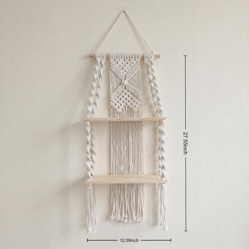 Handmade Macrame Wall Shelf with Wooden Shelves, Boho Woven Storage Organizer for Bedroom and Living Room, Natural Cotton Rope