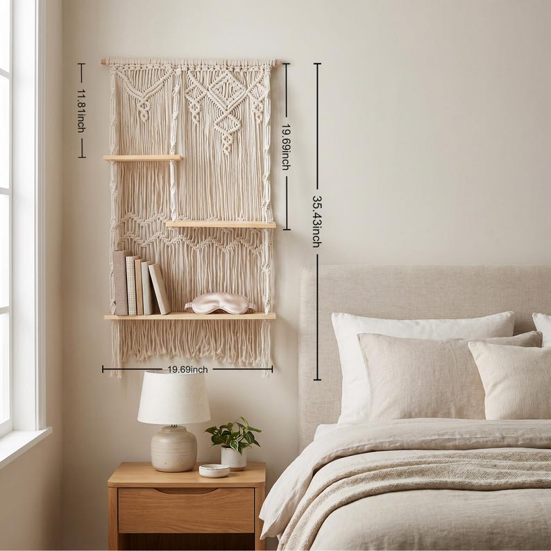 Handmade Macrame Wall Shelf with Wooden Shelves, Boho Woven Storage Organizer for Bedroom and Living Room, Natural Cotton Rope