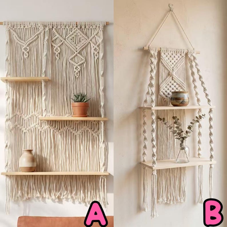 Handmade Macrame Wall Shelf with Wooden Shelves, Boho Woven Storage Organizer for Bedroom and Living Room, Natural Cotton Rope