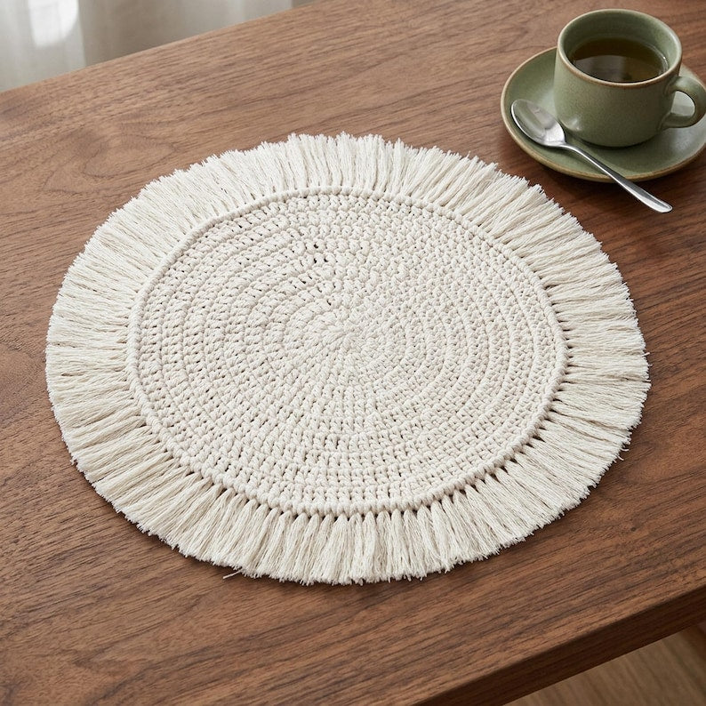 Boho Macrame Round Placemat with Fringe – Rustic Table Mat, 40cm
