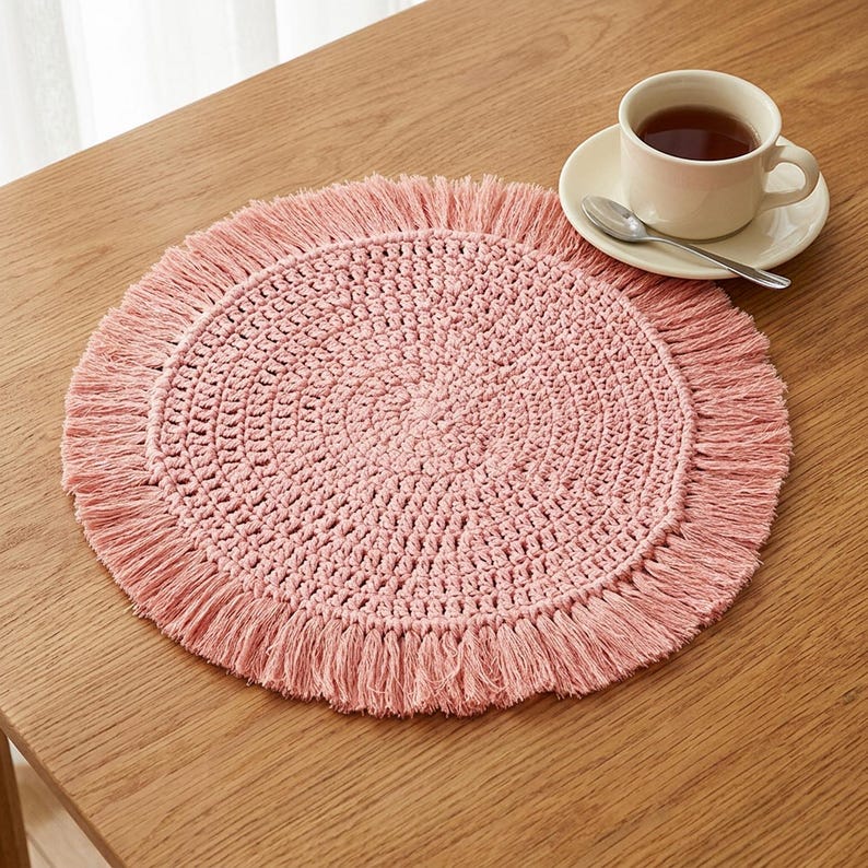 Boho Macrame Round Placemat with Fringe – Rustic Table Mat, 40cm