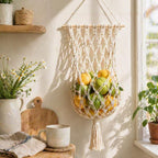 Boho Macrame Hanging Fruit Basket Wall Mounted Cotton Fruit Hammock Rustic Kitchen Organizer for Small Space RV Decor