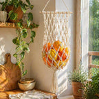 Boho Macrame Hanging Fruit Basket Wall Mounted Cotton Fruit Hammock Rustic Kitchen Organizer for Small Space RV Decor